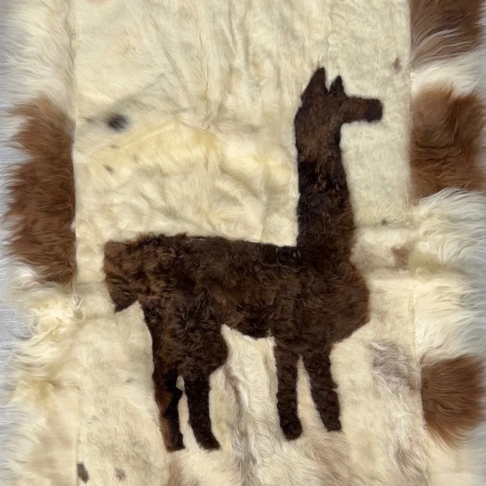 Vtg Alpaca Hide Wall Hanging Rug Peruvian Llama Folk Art Patchwork Decor 18x30in